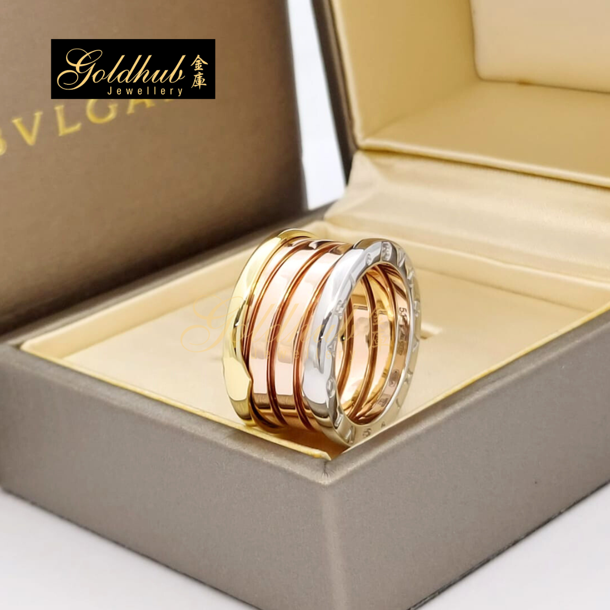 Bvlgari B.zero1 4 Band Ring in Rose, White and Yellow Gold, Size 51