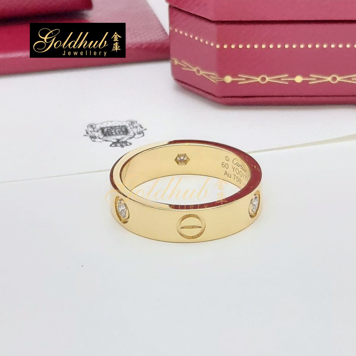 Cartier Love Ring, Classic Model, 3 Diamonds in Yellow Gold, Size 60