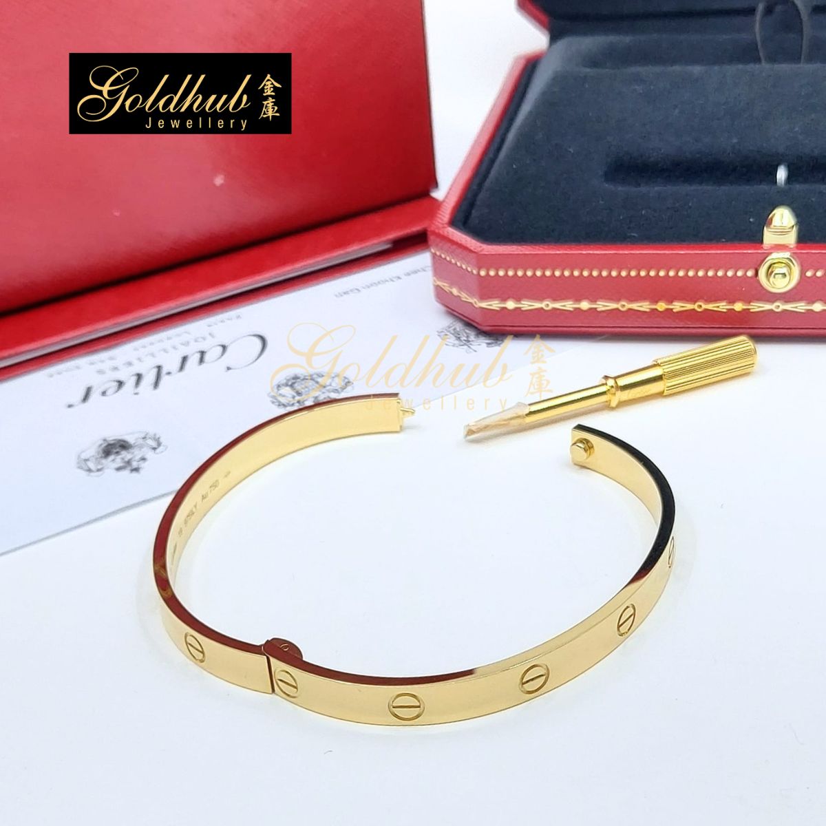 Cartier LOVE Bracelet, Classic Model, Hinge in Yellow Gold, Size 19