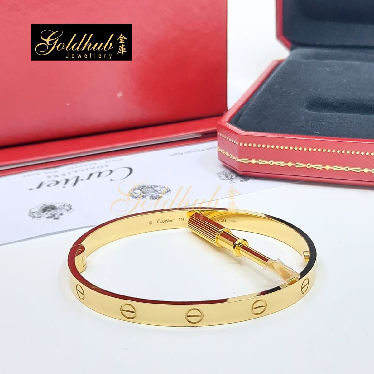Cartier LOVE Bracelet, Classic Model, Hinge in Yellow Gold, Size 19
