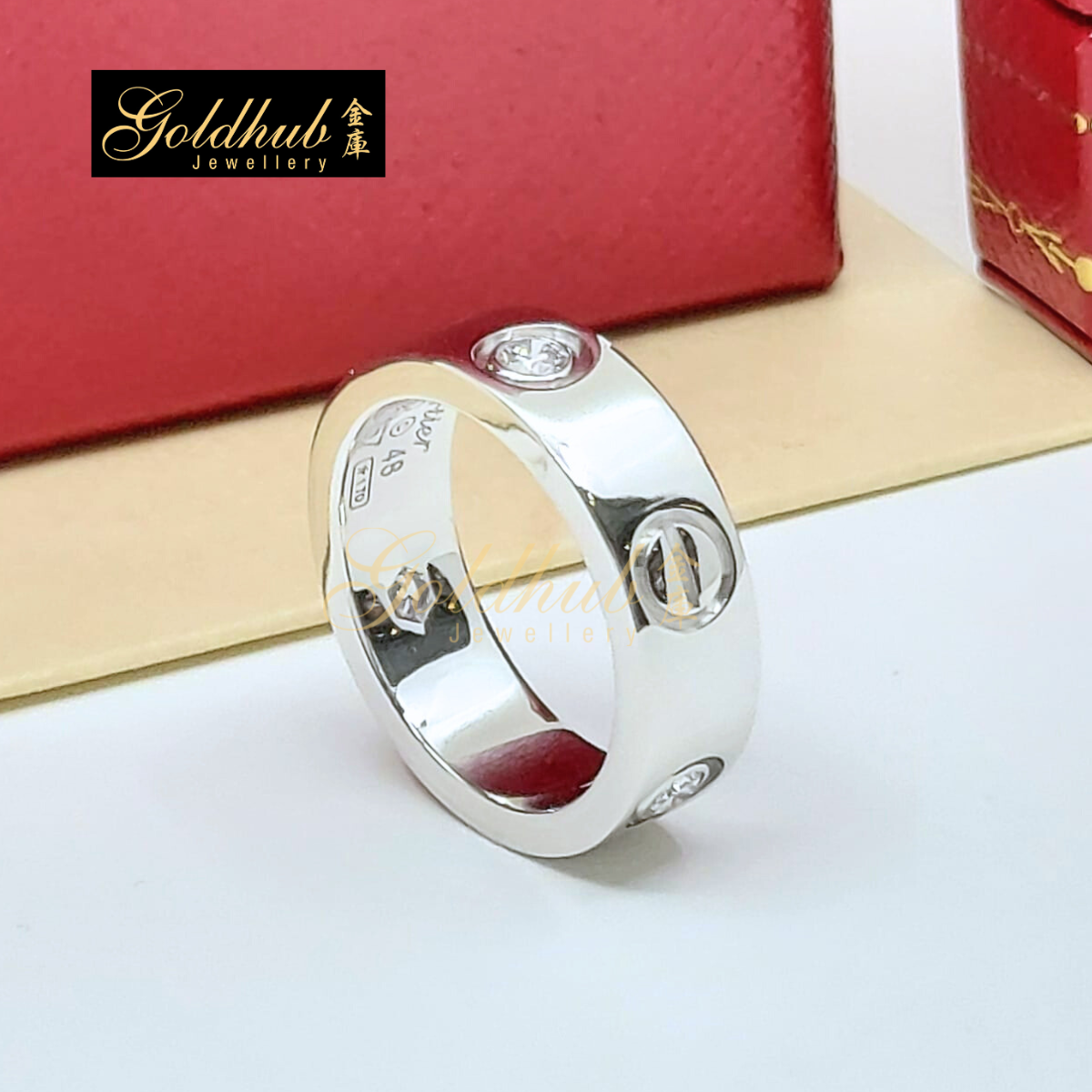 Cartier Love Ring, Classic Model, 3 Diamonds in White Gold, Size 48