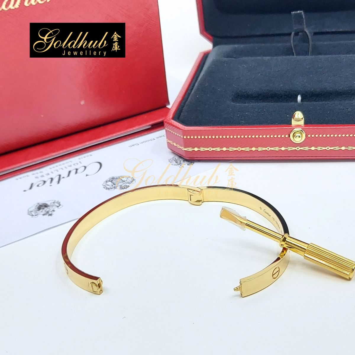 Cartier LOVE Bracelet, Classic Model, Hinge in Yellow Gold, Size 19