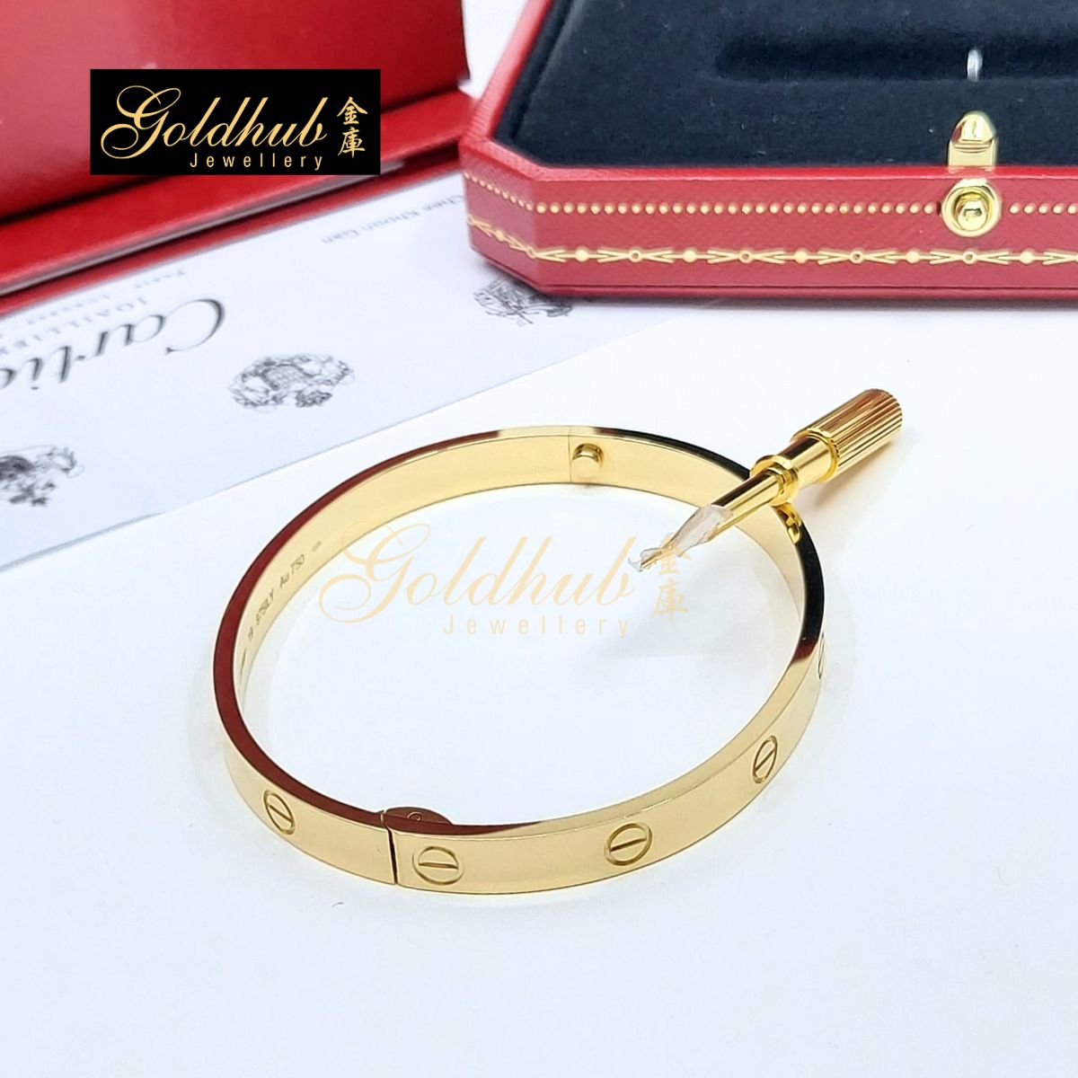 Cartier LOVE Bracelet, Classic Model, Hinge in Yellow Gold, Size 19