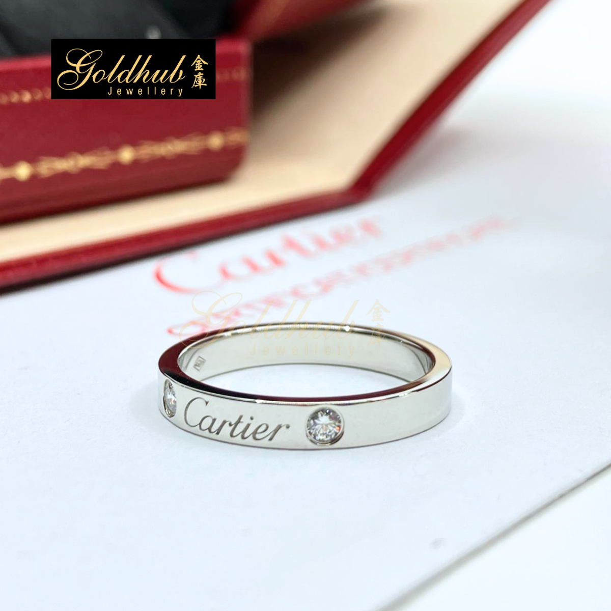Cartier C de Cartier Wedding Band, 3mm, 2 Diamonds in Platinum, Size 53