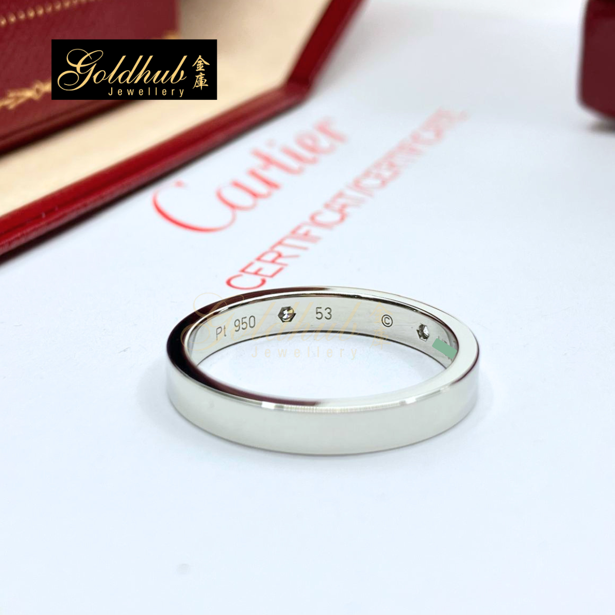 Cartier C de Cartier Wedding Band, 3mm, 2 Diamonds in Platinum, Size 53