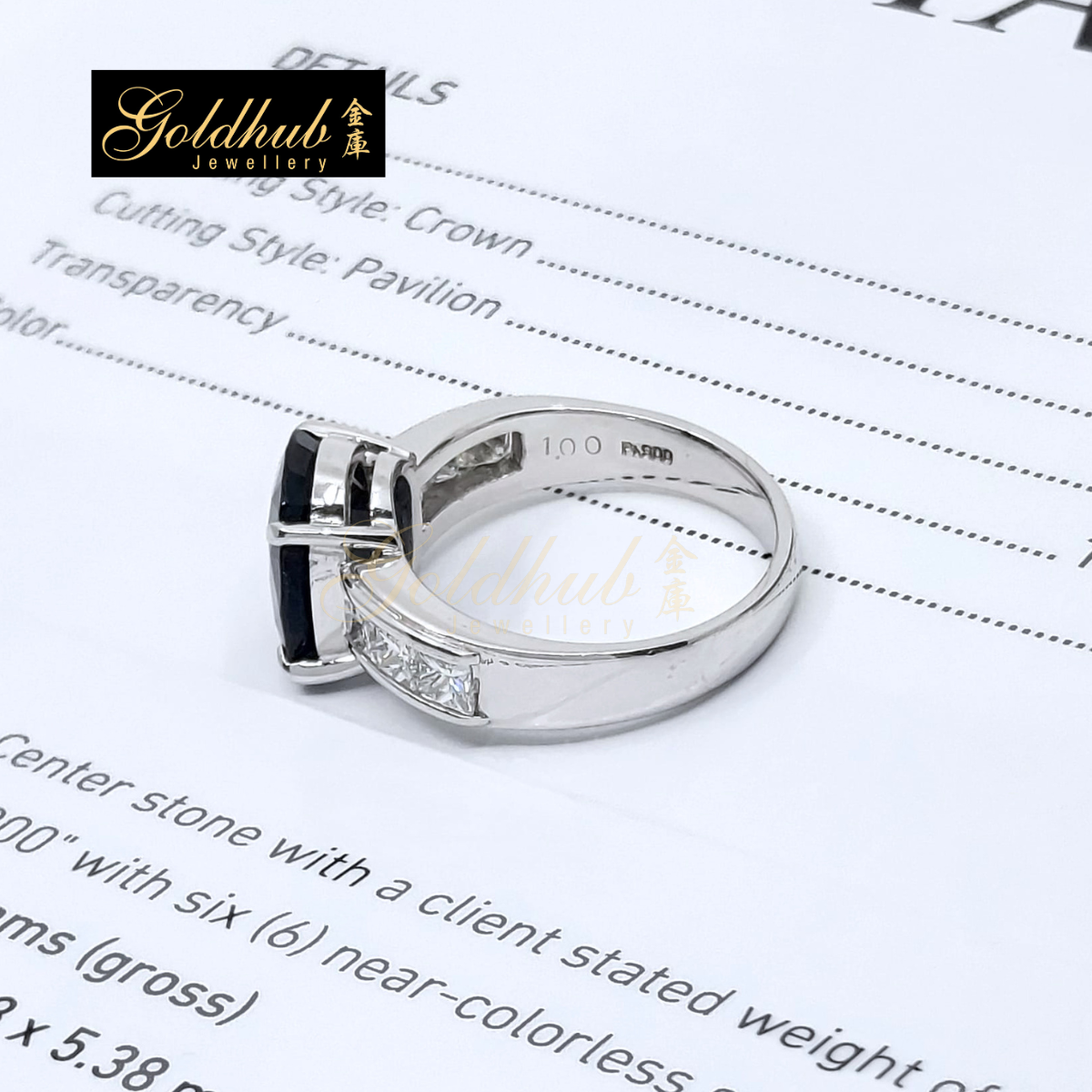 5.10ct Oval Shape Blue Sapphire Ring with 6 Square Modified Brilliants Diamonds in Platinum