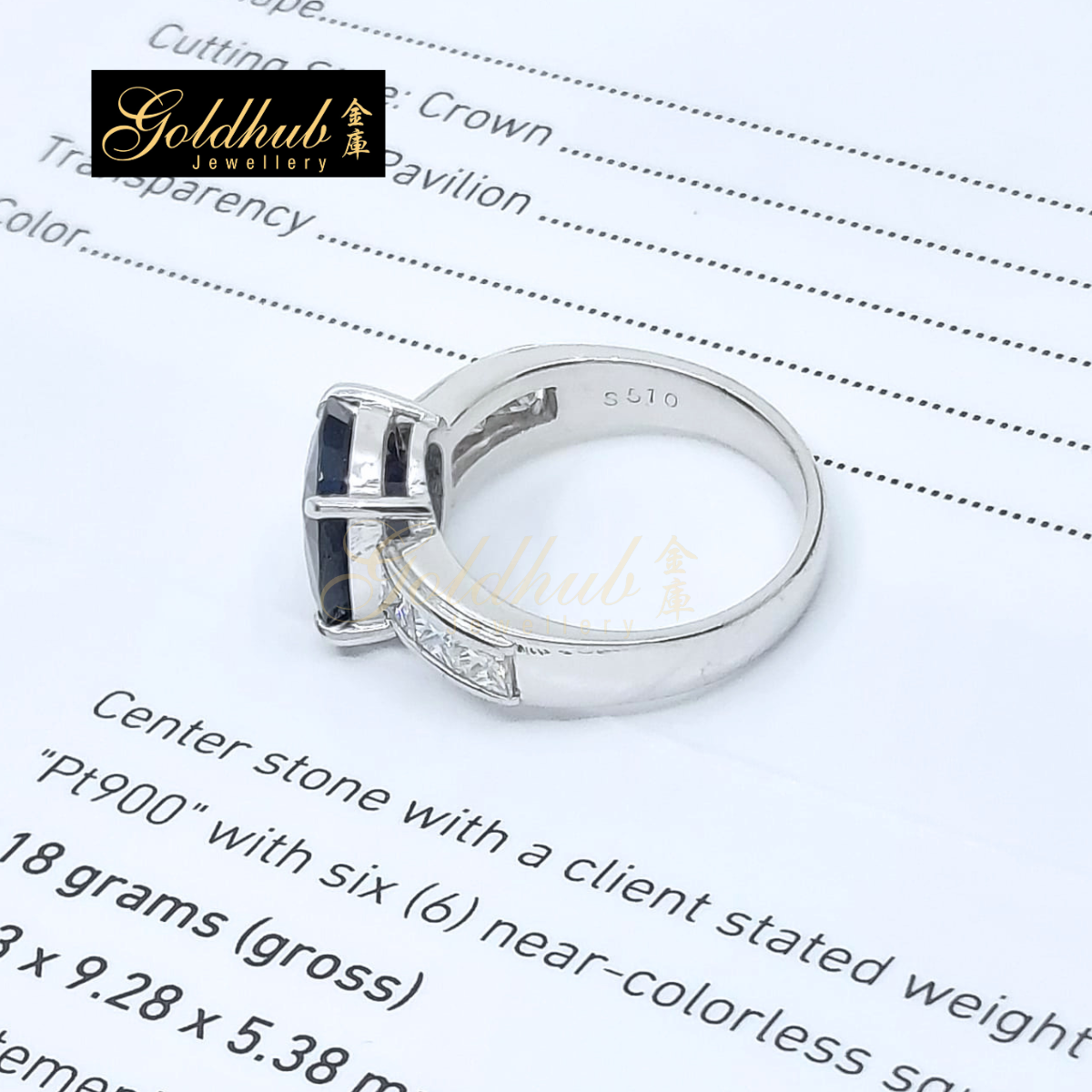 5.10ct Oval Shape Blue Sapphire Ring with 6 Square Modified Brilliants Diamonds in Platinum