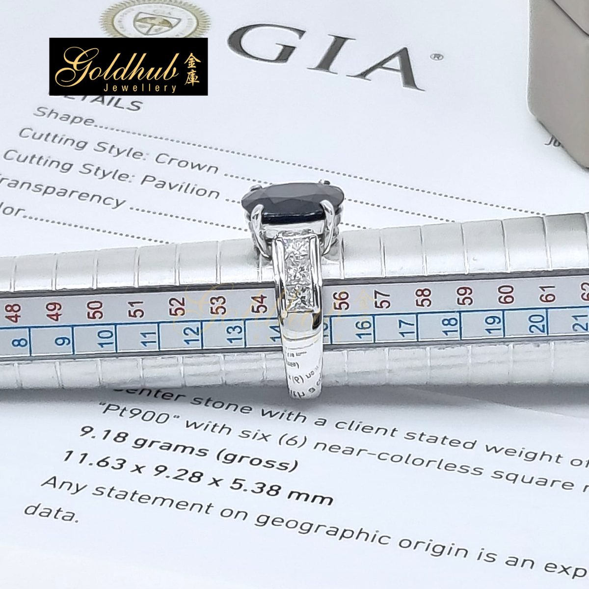 5.10ct Oval Shape Blue Sapphire Ring with 6 Square Modified Brilliants Diamonds in Platinum