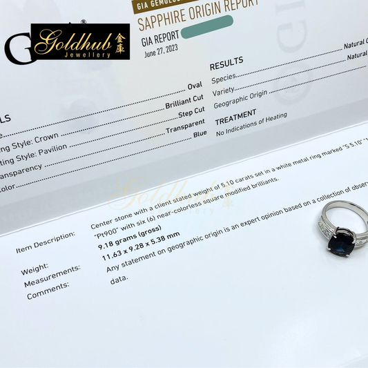 5.10ct Oval Shape Blue Sapphire Ring with 6 Square Modified Brilliants Diamonds in Platinum