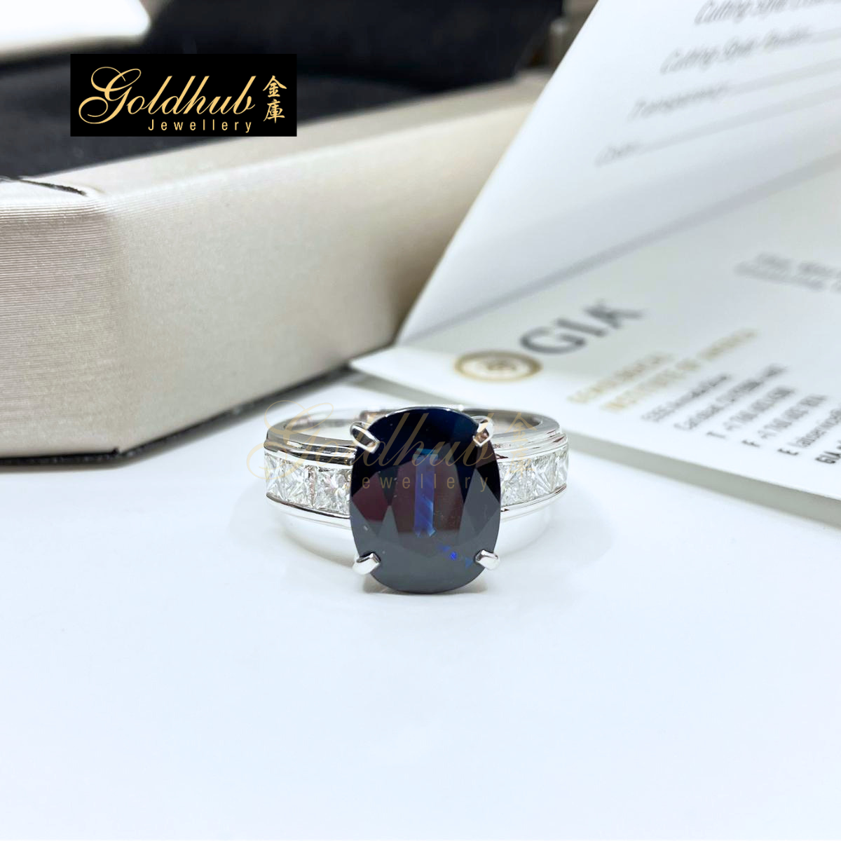 5.10ct Oval Shape Blue Sapphire Ring with 6 Square Modified Brilliants Diamonds in Platinum