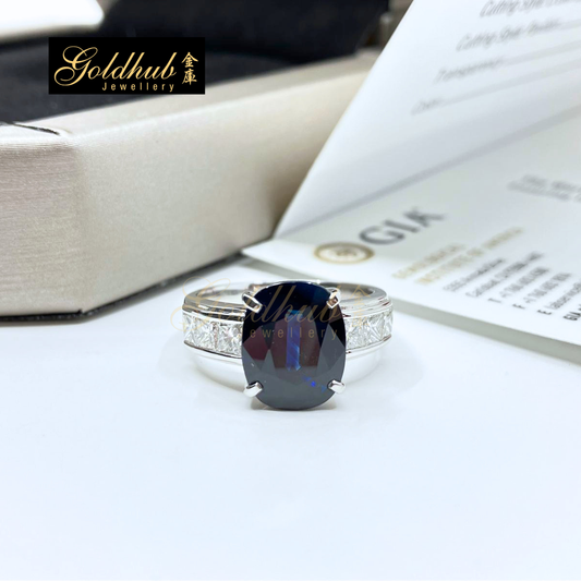 5.10ct Oval Shape Blue Sapphire Ring with 6 Square Modified Brilliants Diamonds in Platinum