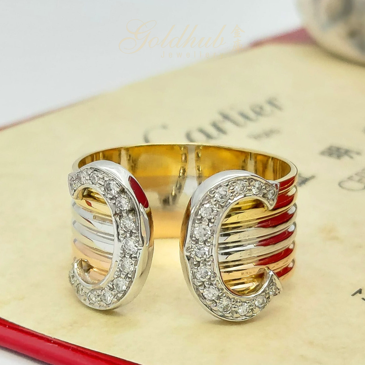 Cartier Resort CC Wide Diamond Ring in Tri-colour Gold