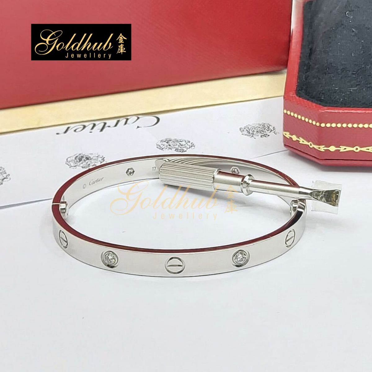 [Reserved] Cartier Love Bracelet, Classic Model, 4 Diamonds in White Gold, Size 17