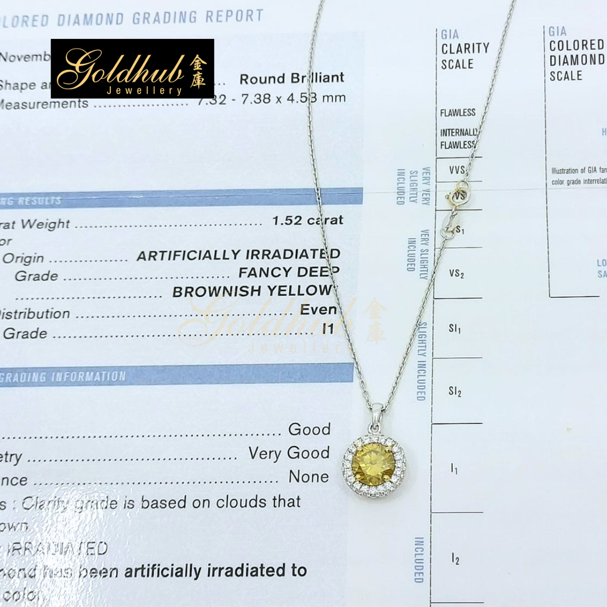 1.52ct Round Brilliant Artifically Irradiated Fancy Deep Brownish Yellow Diamond Necklace in White Gold