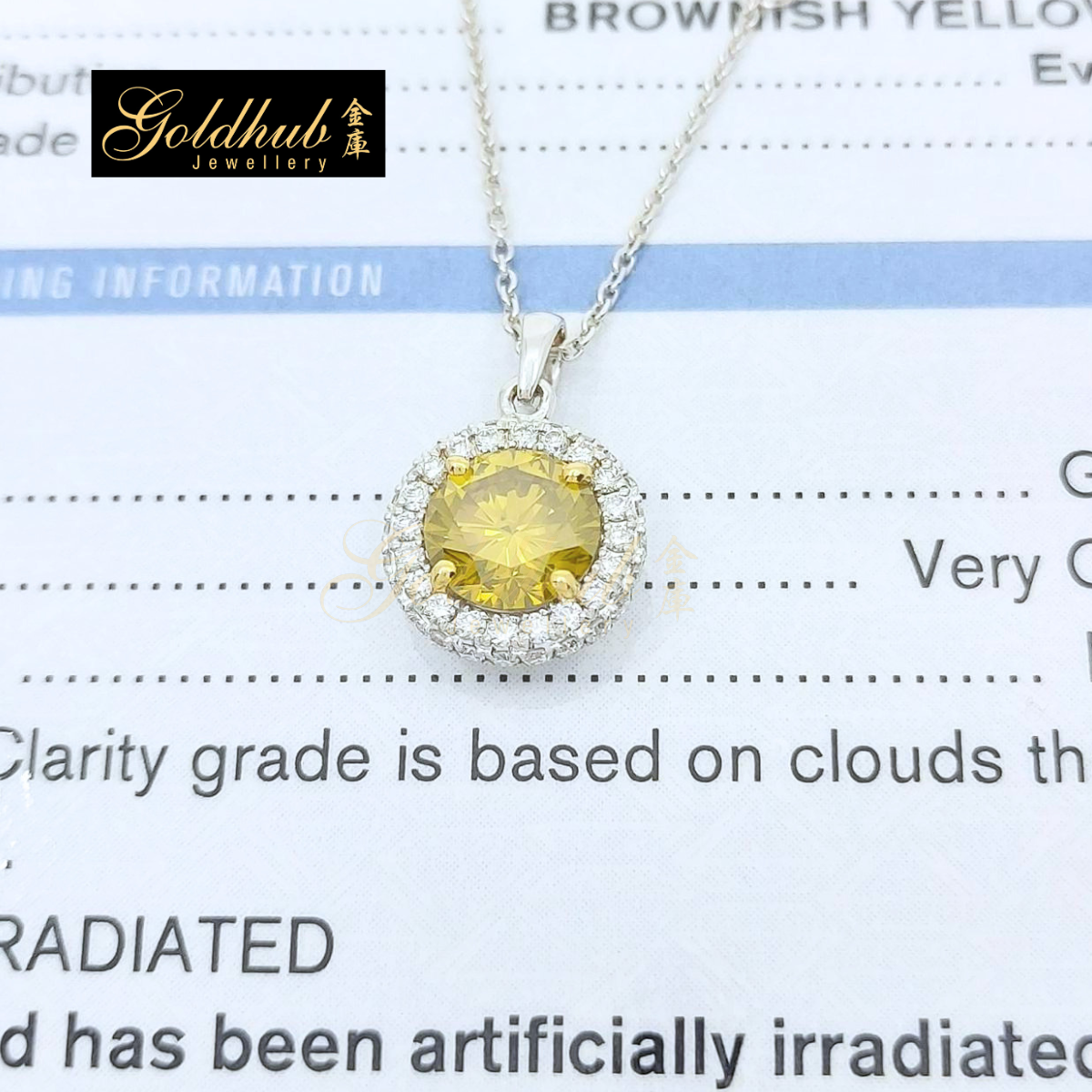 1.52ct Round Brilliant Artifically Irradiated Fancy Deep Brownish Yellow Diamond Necklace in White Gold