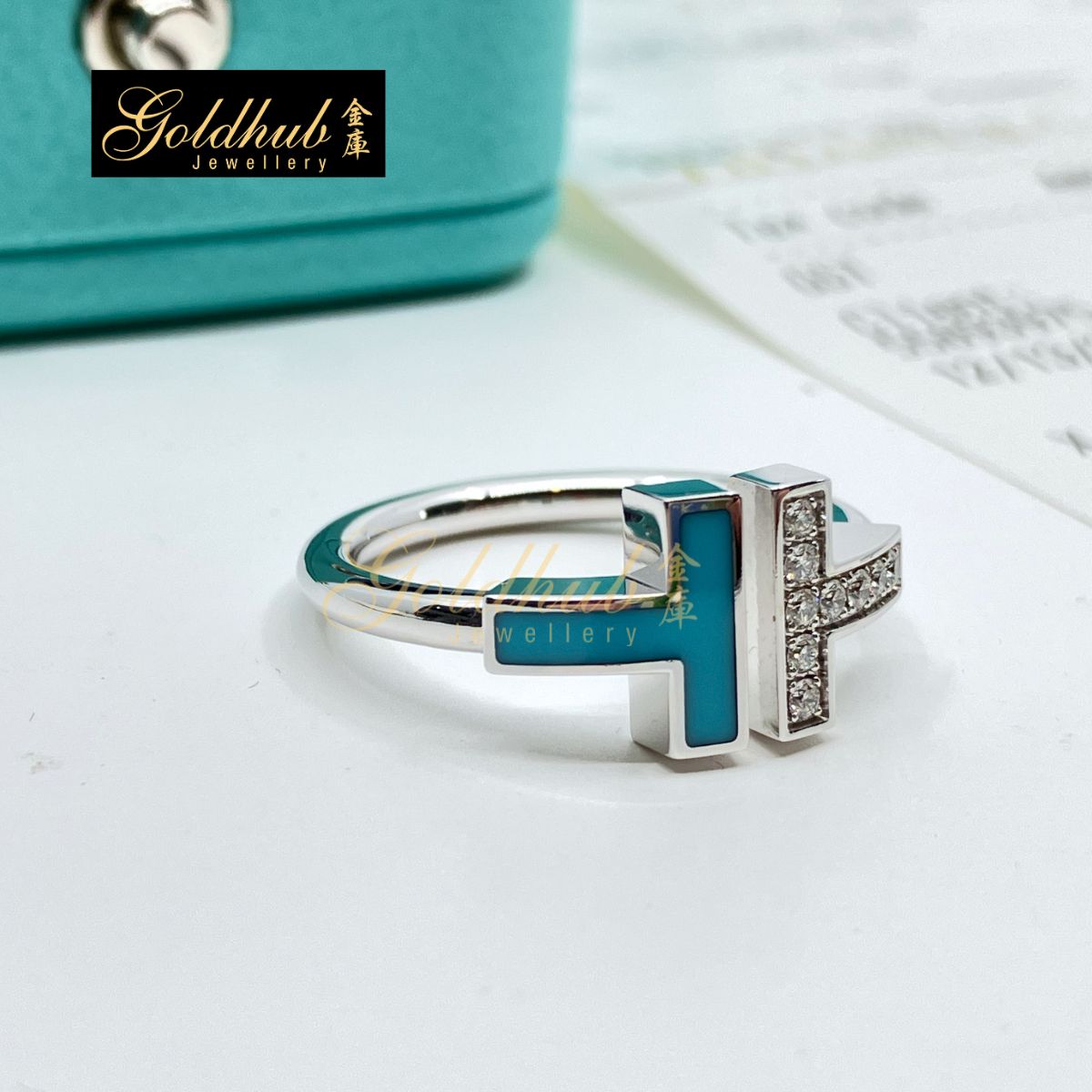 [Reserved] Tiffany T Diamond and Turquoise Wire Ring in White Gold, Size 6