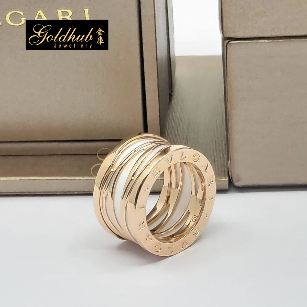 Bvlgari B.zero1 Ring, Legend 4 Band, White Ceramic in Rose Gold, Size 50 GR00748