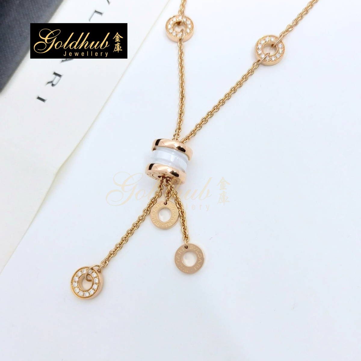 Bulgari B.zero1 White Ceramic and Pave Diamonds Necklace in Rose Gold