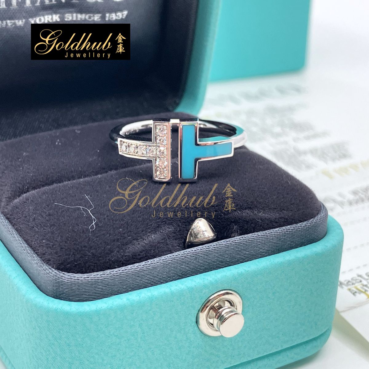 [Reserved] Tiffany T Diamond and Turquoise Wire Ring in White Gold, Size 6