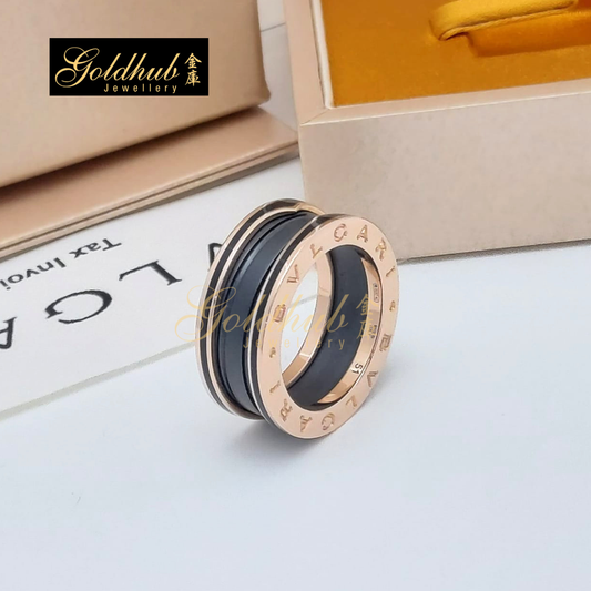 Bulgari B.zero1 Matte Black Ceramic 2 Band Ring in Rose Gold, Size 51