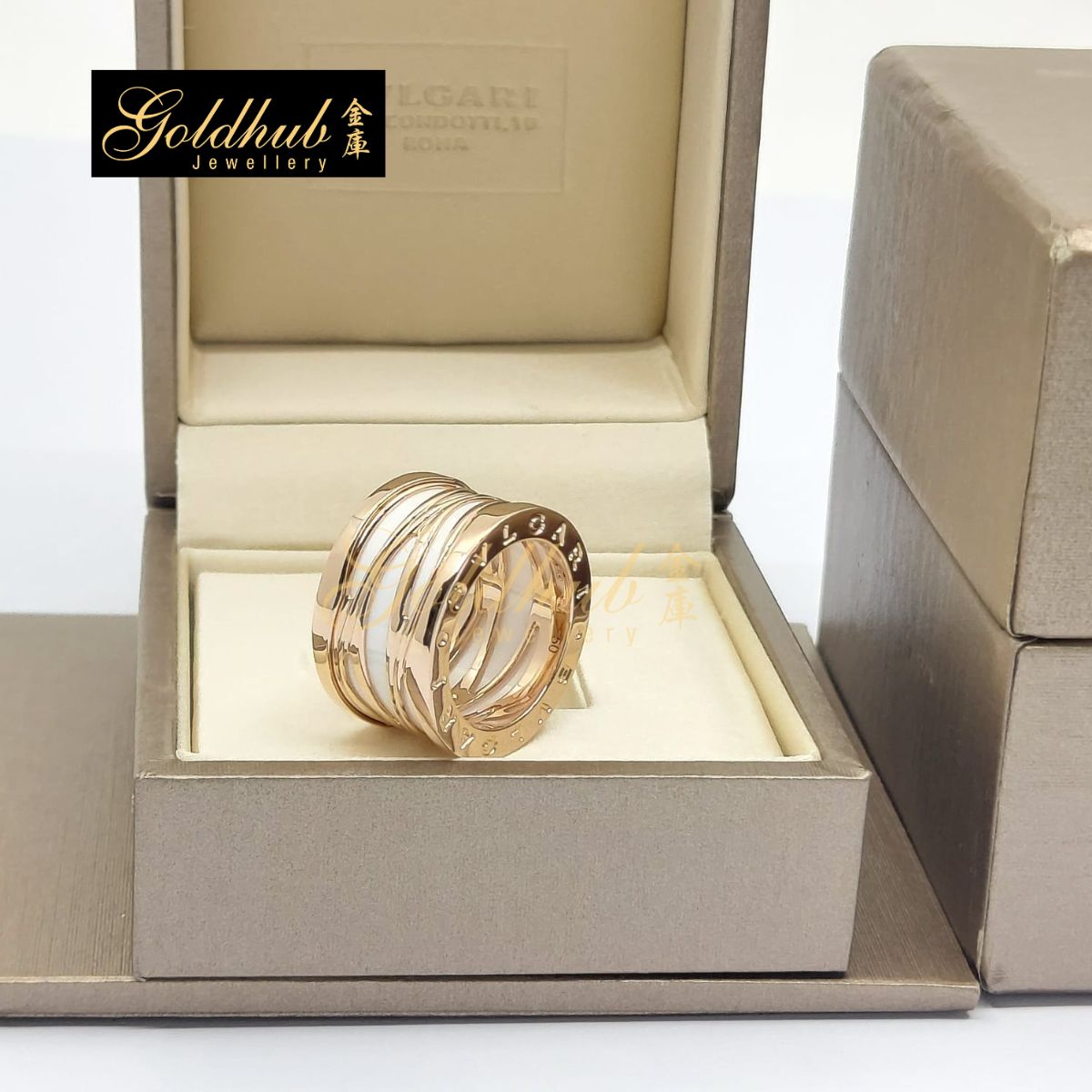 Bvlgari B.zero1 Ring, Legend 4 Band, White Ceramic in Rose Gold, Size 50 GR00748