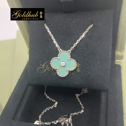 Van Cleef & Arpels Vintage Alhambra Pendant, Holiday 2022, Green Celadon with Diamond in White Gold