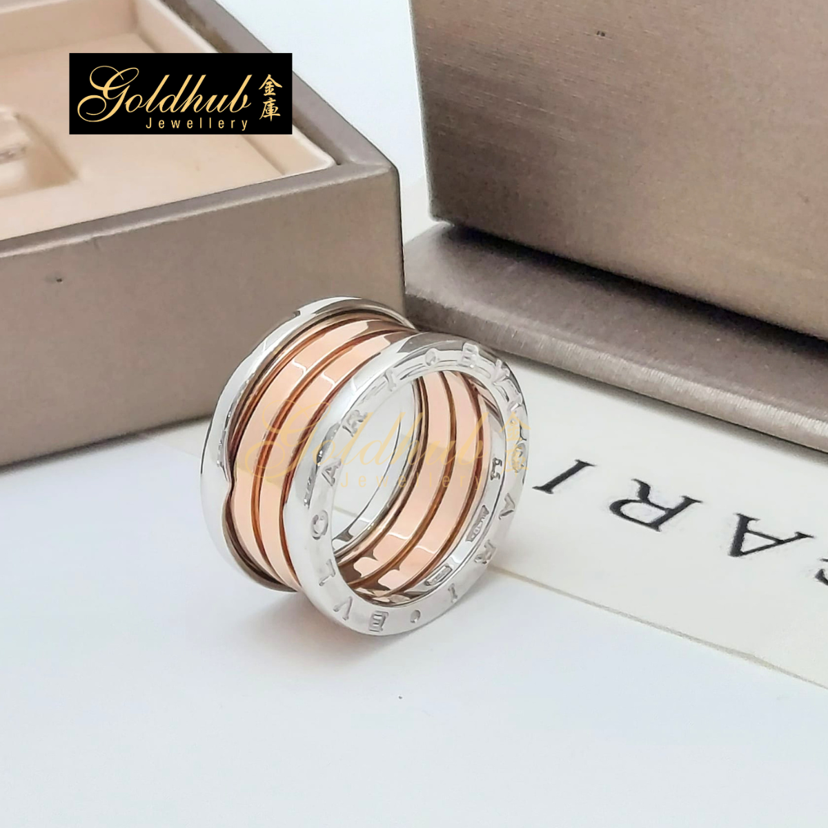 Bulgari B.zero1 4 Band Ring in White and Rose Gold, Size 55