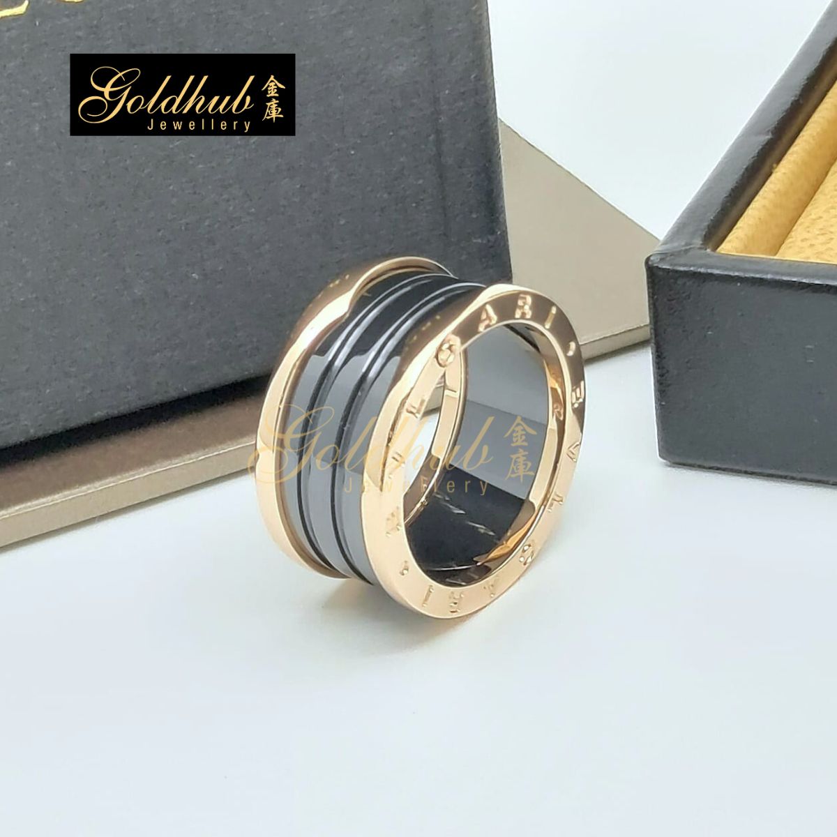 Bvlgari B.zero1 4 Band Ring, Black Ceramic in Rose Gold, Size 62