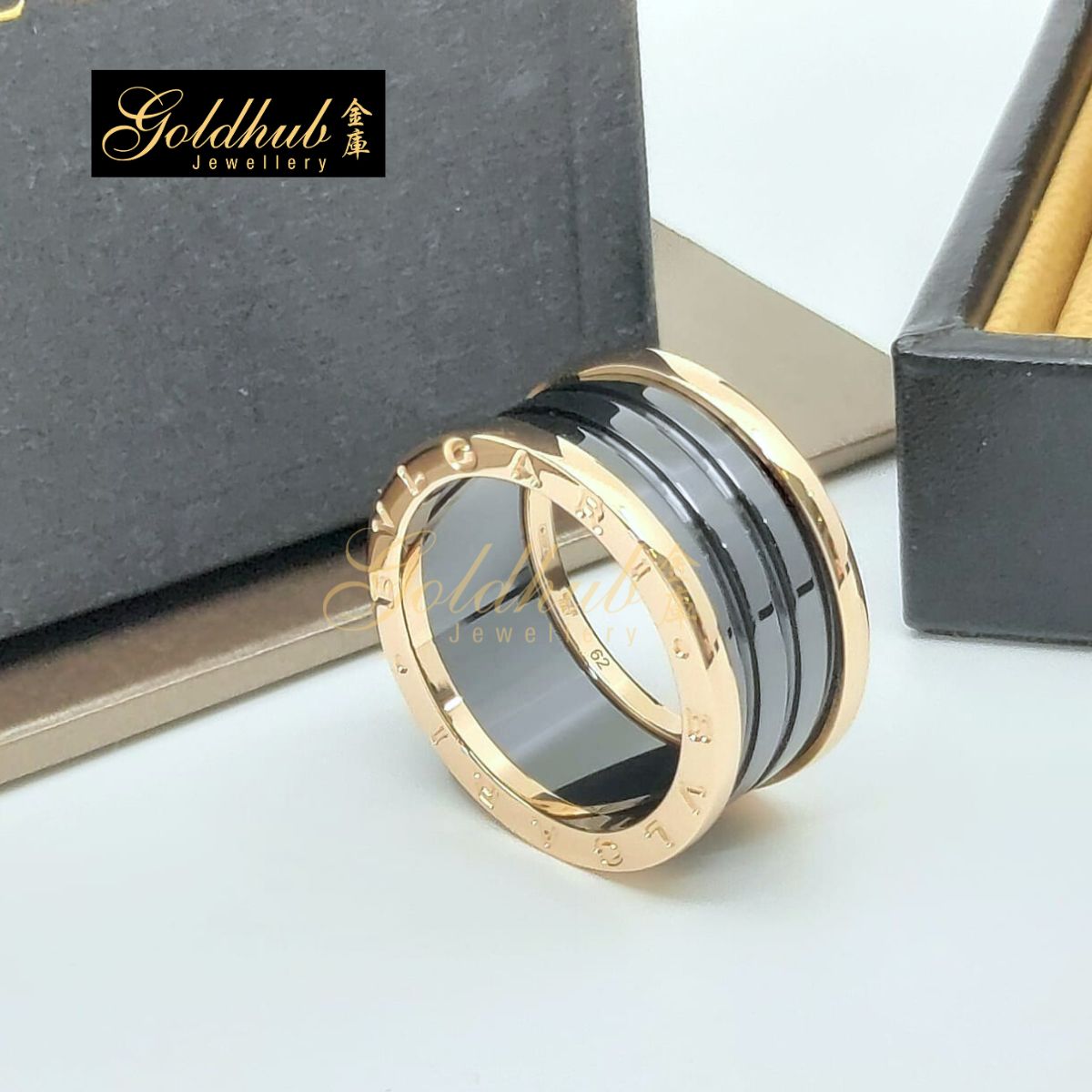 Bvlgari B.zero1 4 Band Ring, Black Ceramic in Rose Gold, Size 62