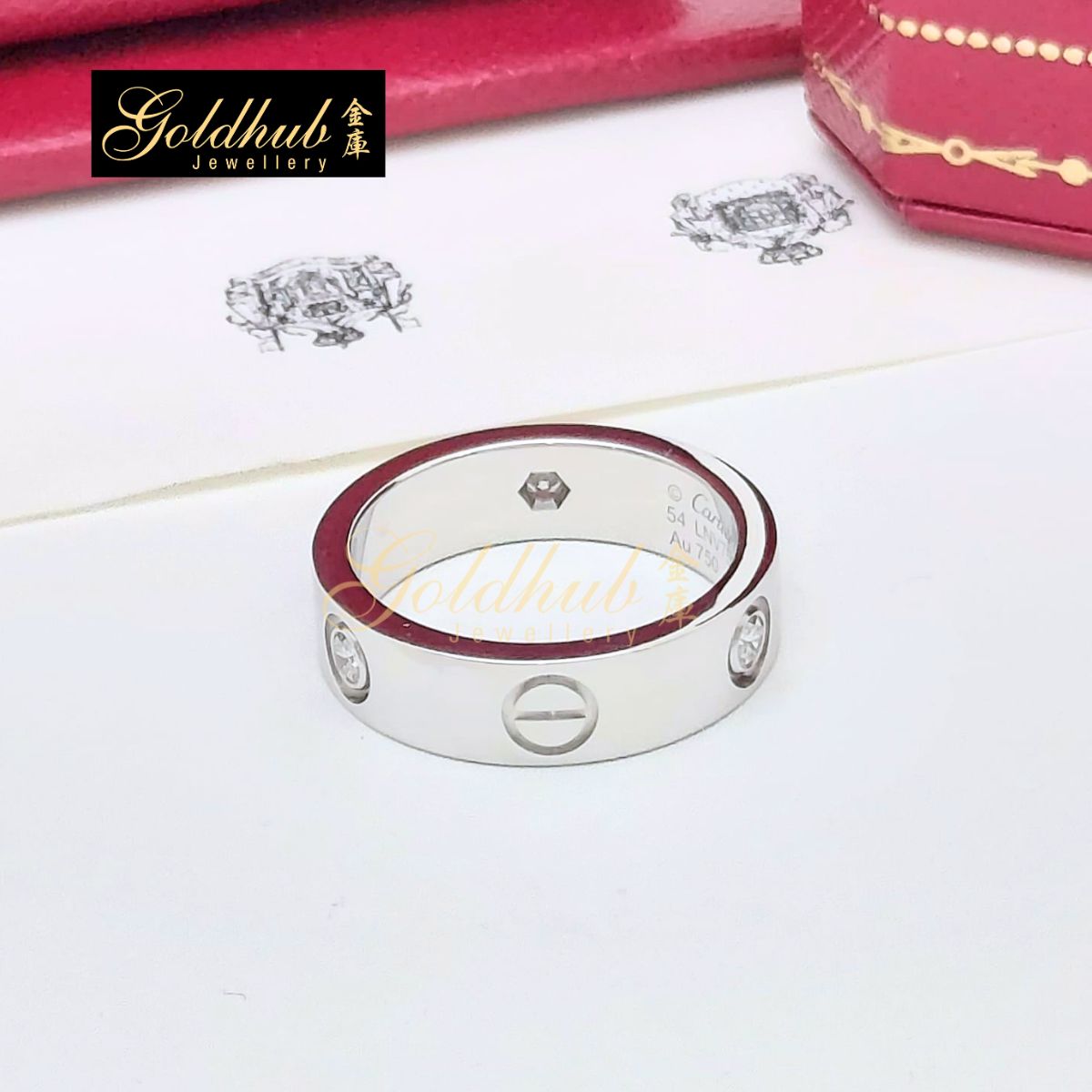 Cartier Love Ring, Classic Model, 3 Diamonds in White Gold, Size 54
