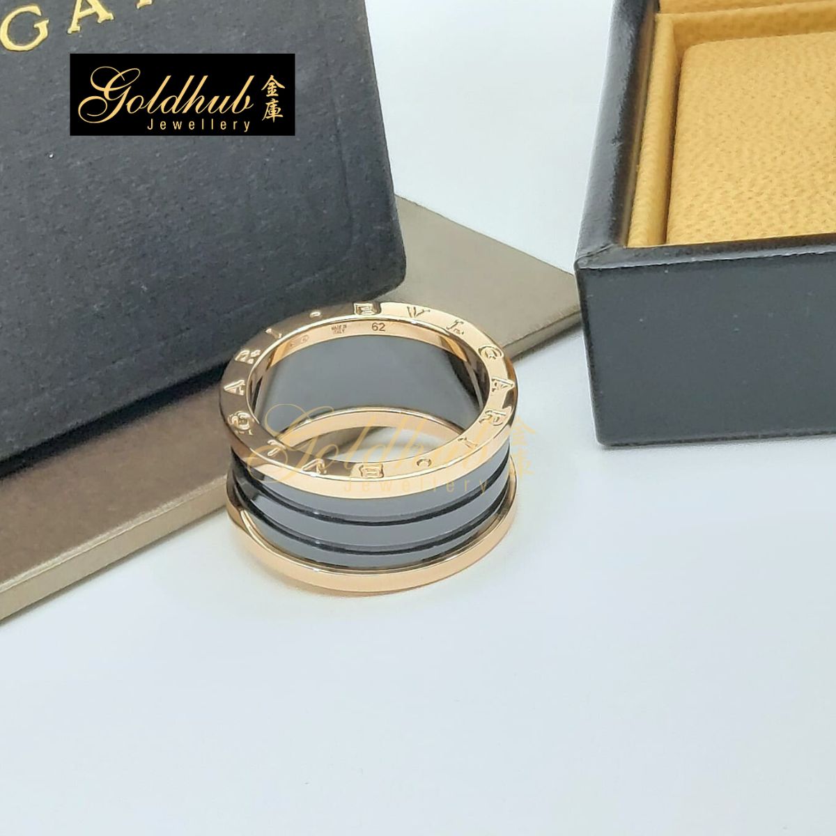 Bvlgari B.zero1 4 Band Ring, Black Ceramic in Rose Gold, Size 62