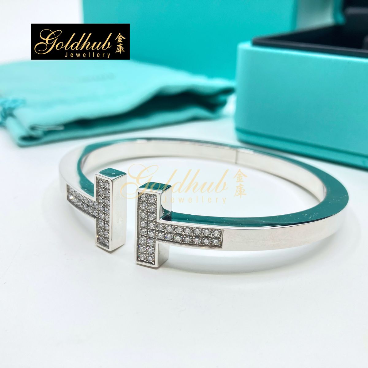 Tiffany & Co Tiffany T Square Bracelet, Pave Diamond in White Gold, Size M