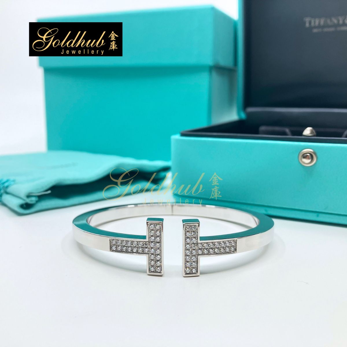 Tiffany & Co Tiffany T Square Bracelet, Pave Diamond in White Gold, Size M