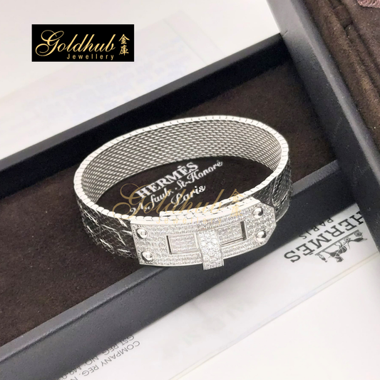 Hermes Kelly Milanaise Diamonds MM Bracelet in White Gold