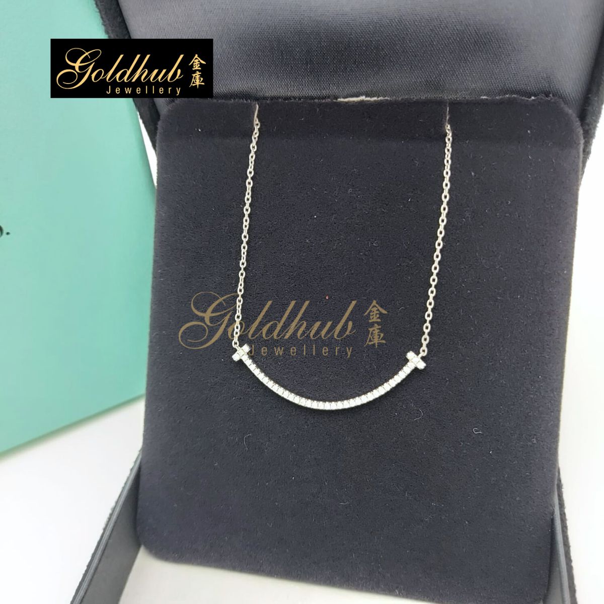 Tiffany T Smile Pendant, Small with Diamonds in White Gold