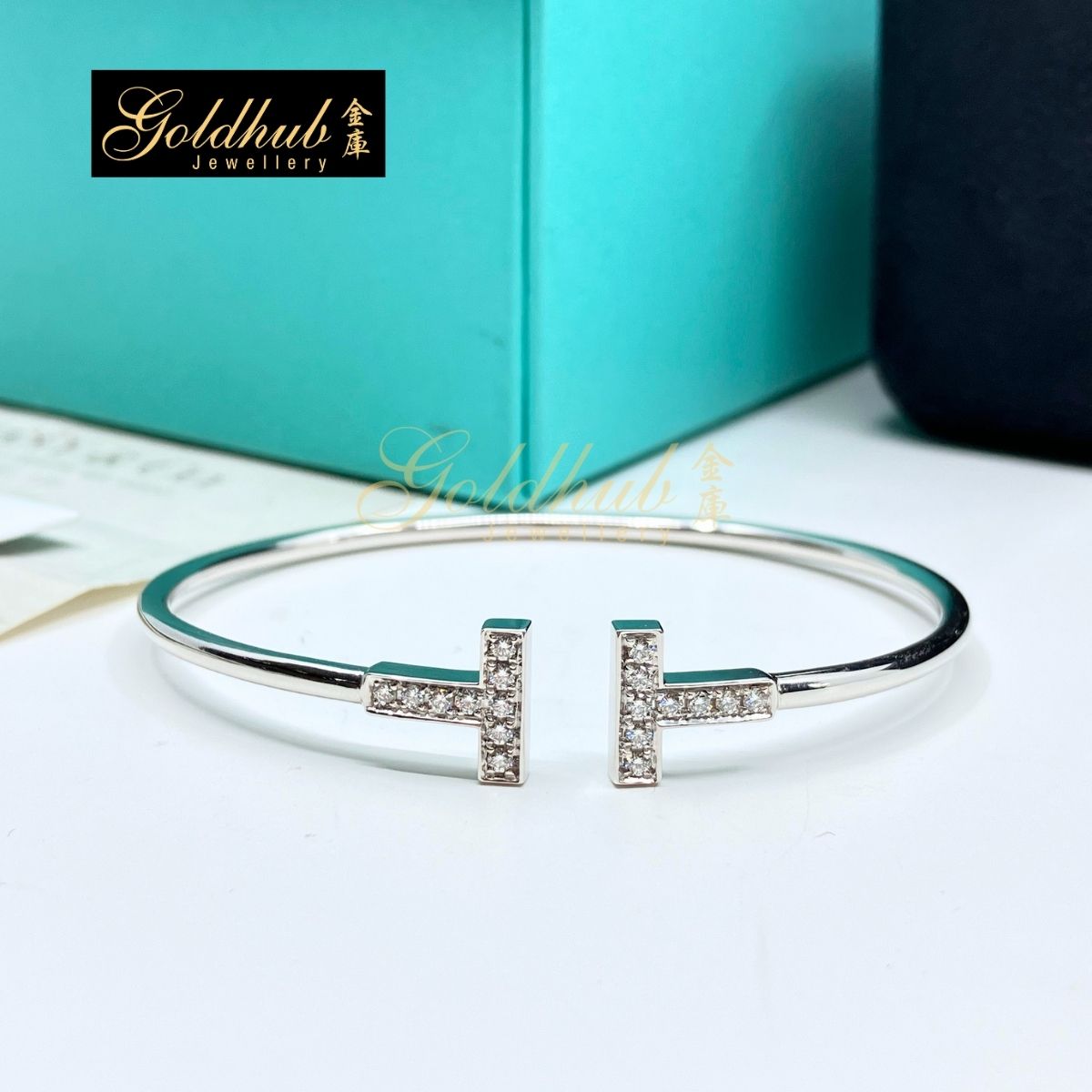 Tiffany T Diamond Wire Bracelet in White Gold, Size Medium