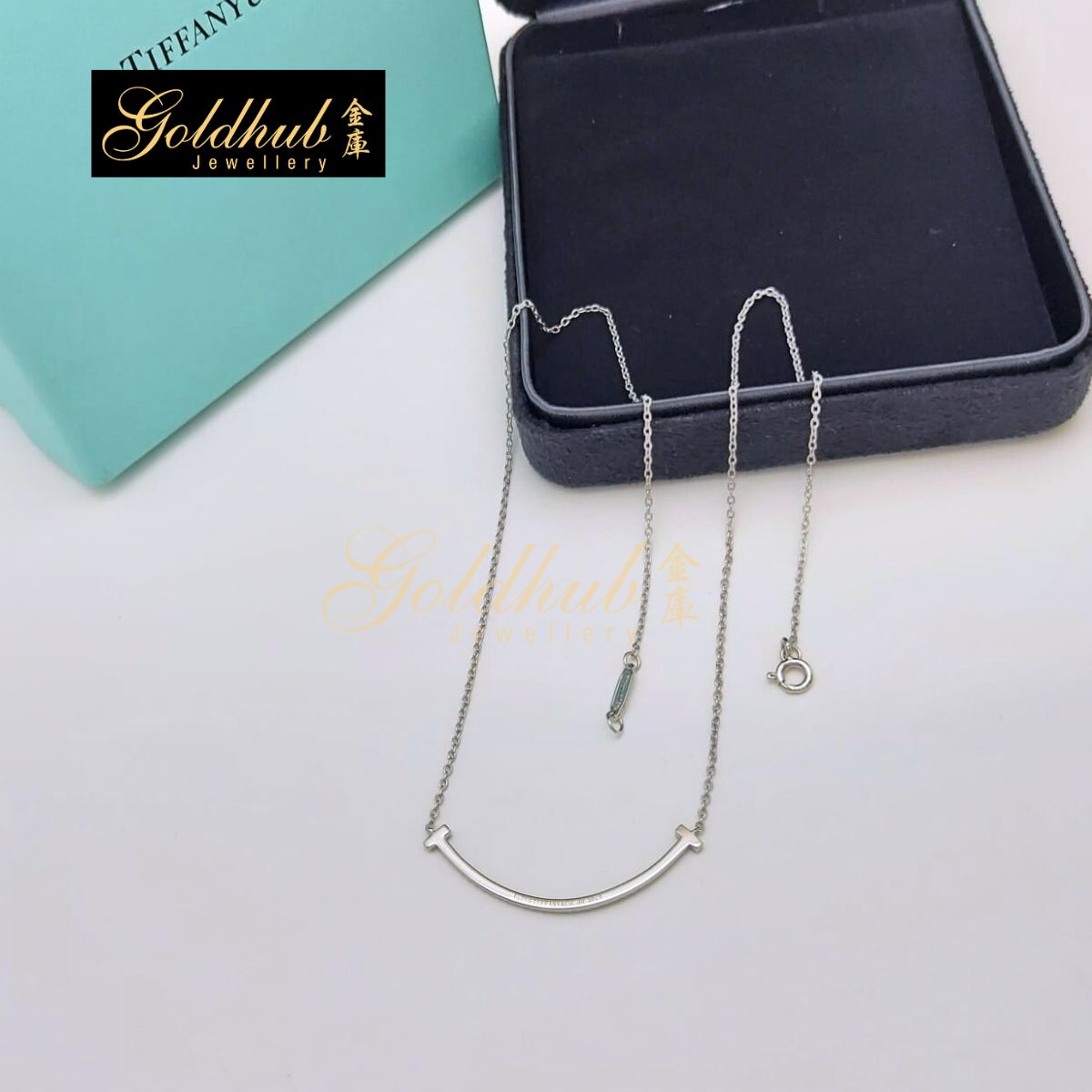 Tiffany T Smile Pendant, Small with Diamonds in White Gold