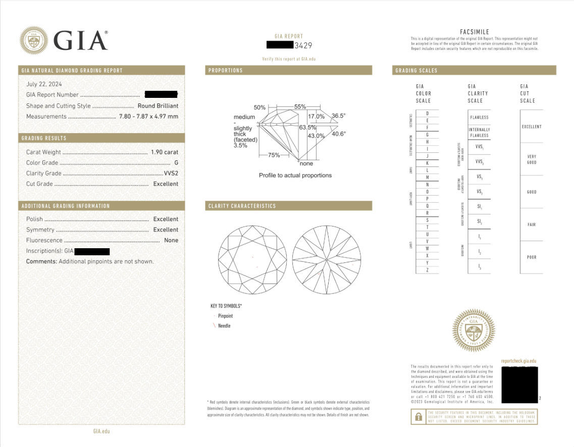 1.9 Carat G VVS2 Round Cut Diamond 111074