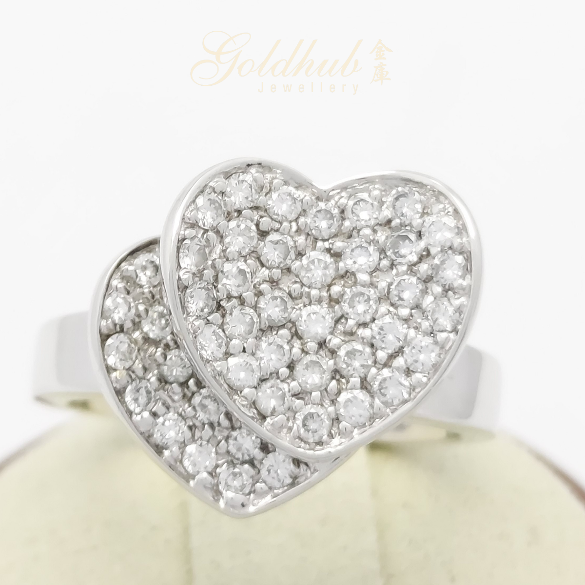 18k Double Heart Diamond Ring in White Gold